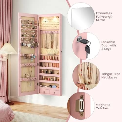 NAFORT Jewelry Armoire with Full Length Mirror | Lockable Wall or Door Mount Storage for Jewelry & Cosmetics thumbnail 4