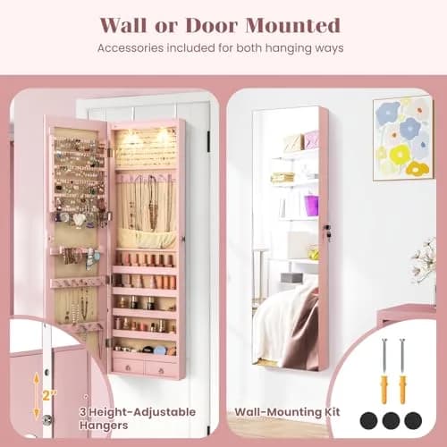 NAFORT Jewelry Armoire with Full Length Mirror | Lockable Wall or Door Mount Storage for Jewelry & Cosmetics thumbnail 5