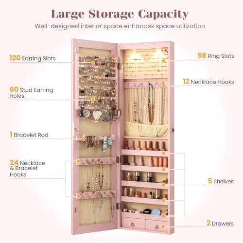NAFORT Jewelry Armoire with Full Length Mirror | Lockable Wall or Door Mount Storage for Jewelry & Cosmetics thumbnail 6