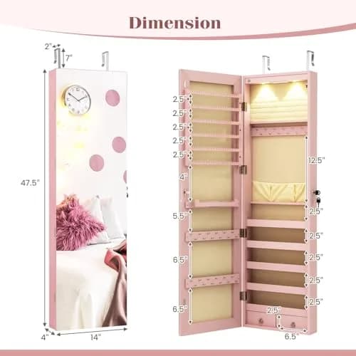 NAFORT Jewelry Armoire with Full Length Mirror | Lockable Wall or Door Mount Storage for Jewelry & Cosmetics thumbnail 8