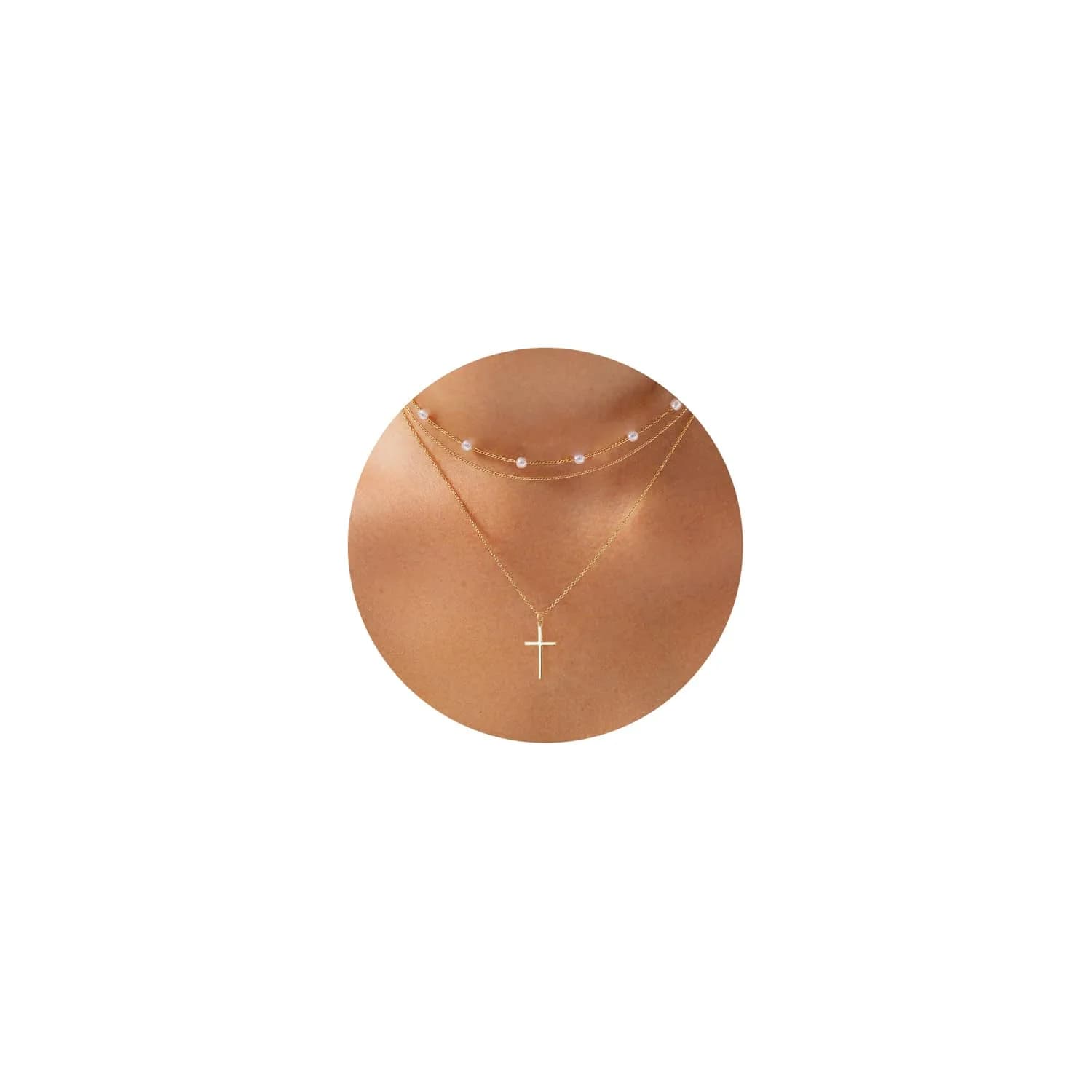 HERIER 3-Layer Gold Pearl Cross Necklace for Women | Elegant Faith & Fashion Jewelry (18K Gold Plated) - main product image