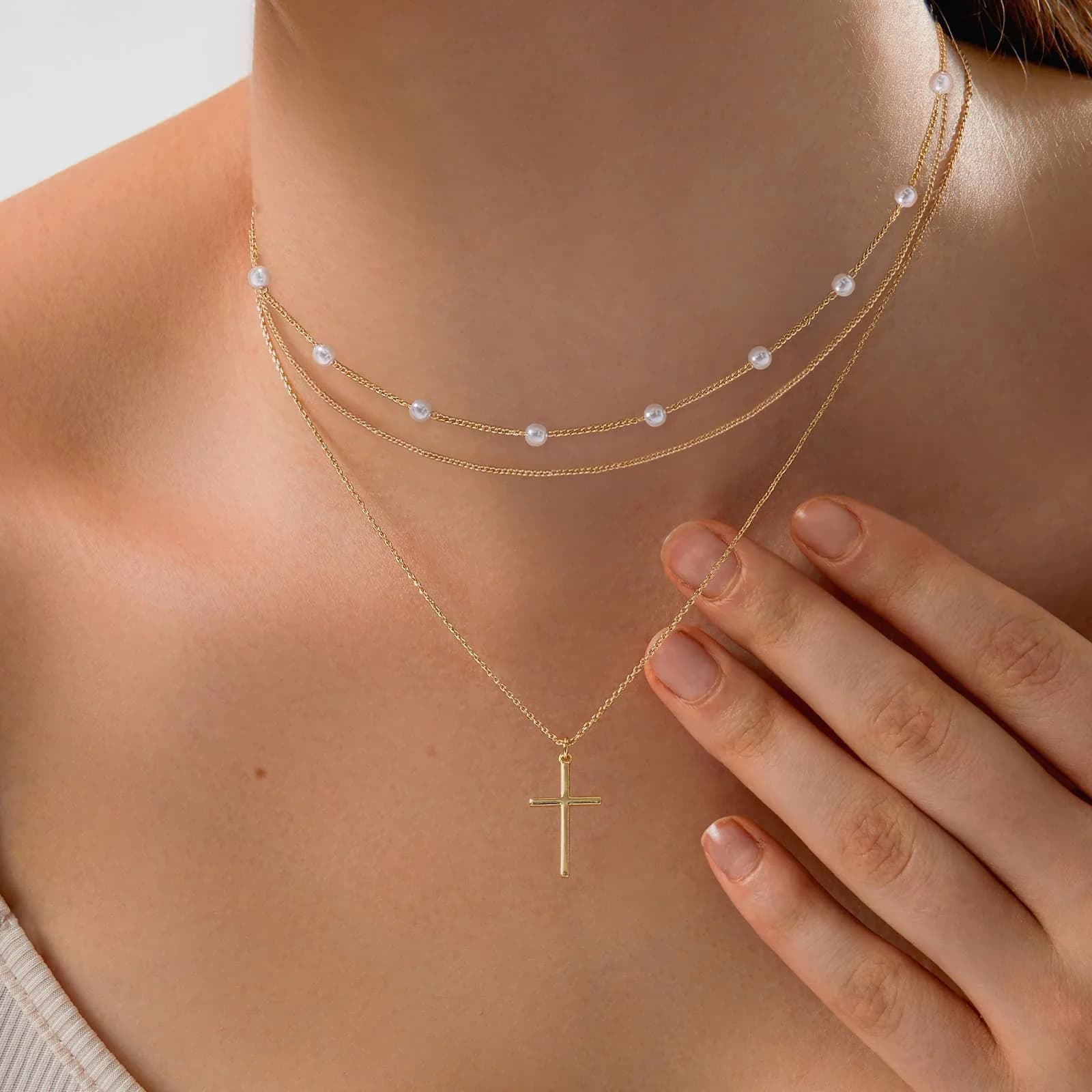 HERIER 3-Layer Gold Pearl Cross Necklace for Women | Elegant Faith & Fashion Jewelry (18K Gold Plated) - view 2