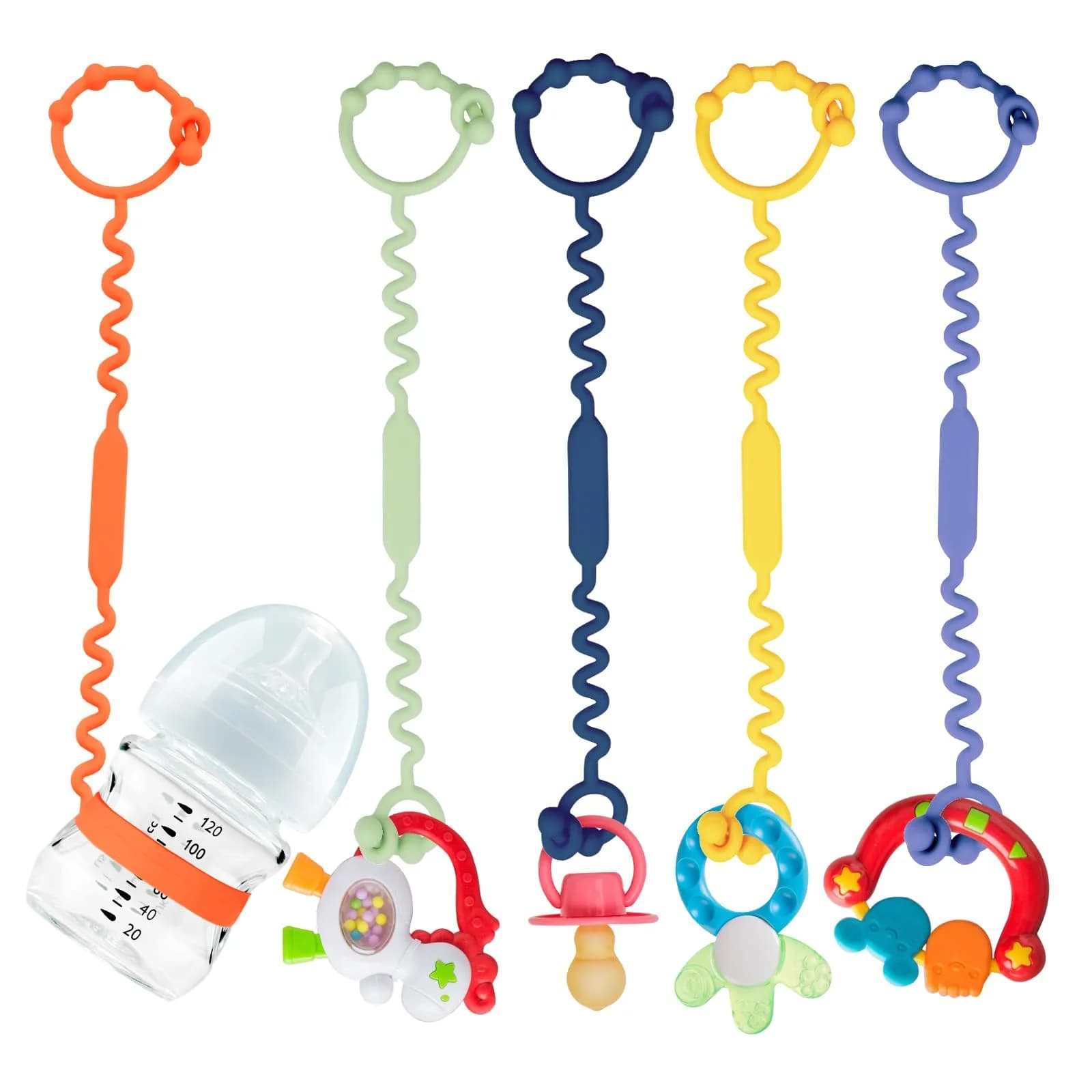 Yunaeduo Silicone Toy Straps for Baby, 5 Pack | Adjustable, BPA-Free, Heat-Resistant Toy Holder for Stroller, High Chair, Sippy Cups — A-multi-5pk