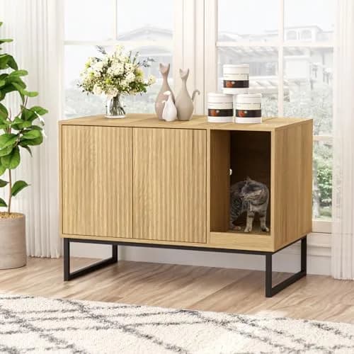 FiveWillowise Cat Litter Box Enclosure, Modern Fluted Design, 31.5 x 17.7 x 21.7 Inches, Natural thumbnail 1