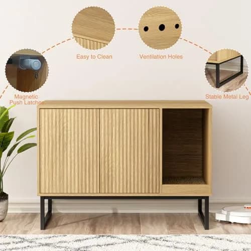 FiveWillowise Cat Litter Box Enclosure, Modern Fluted Design, 31.5 x 17.7 x 21.7 Inches, Natural thumbnail 5