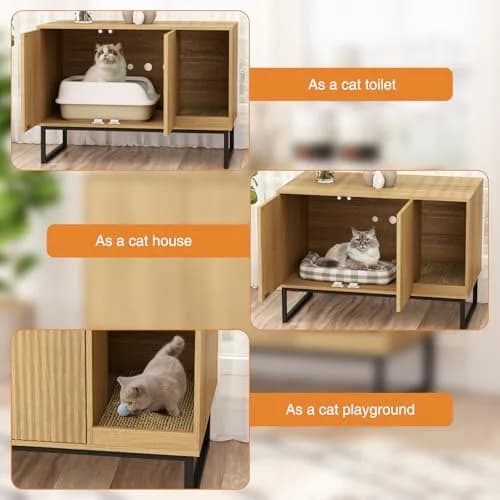 FiveWillowise Cat Litter Box Enclosure, Modern Fluted Design, 31.5 x 17.7 x 21.7 Inches, Natural thumbnail 6