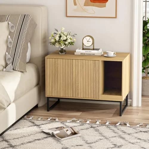 FiveWillowise Cat Litter Box Enclosure, Modern Fluted Design, 31.5 x 17.7 x 21.7 Inches, Natural thumbnail 7