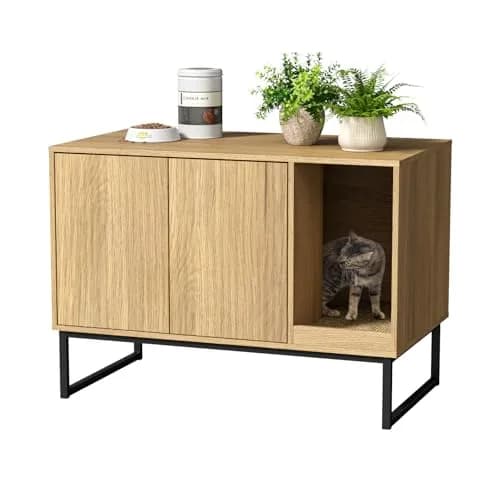 FiveWillowise Cat Litter Box Enclosure, Modern Fluted Design, 31.5 x 17.7 x 21.7 Inches, Natural thumbnail 8