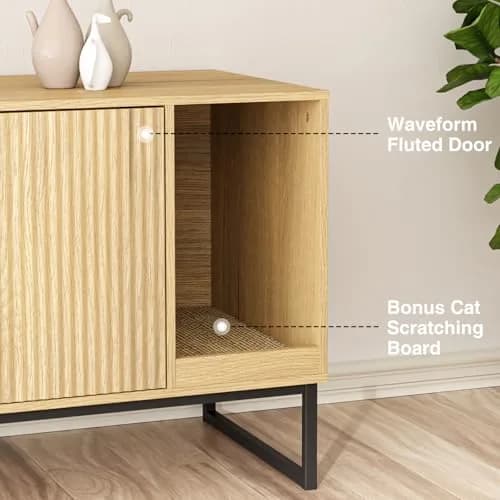 FiveWillowise Cat Litter Box Enclosure, Modern Fluted Design, 31.5 x 17.7 x 21.7 Inches, Natural thumbnail 2