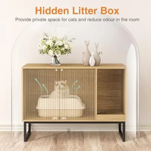 FiveWillowise Cat Litter Box Enclosure, Modern Fluted Design, 31.5 x 17.7 x 21.7 Inches, Natural thumbnail 3