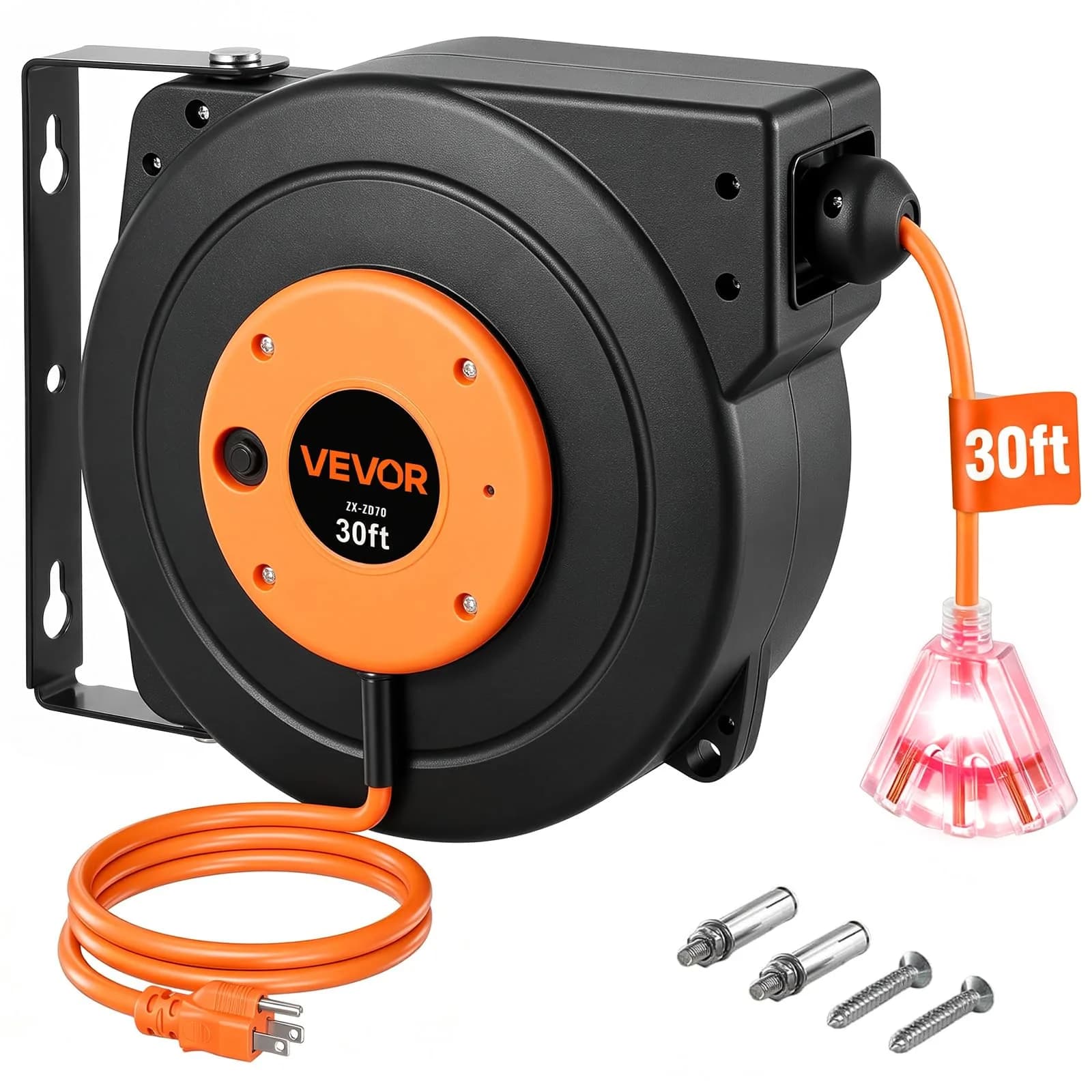 VEVOR 30FT Retractable Extension Cord Reel 9.14m (30ft) | Heavy Duty 16AWG SJTOW Cord with 10A Circuit Breaker — Orange