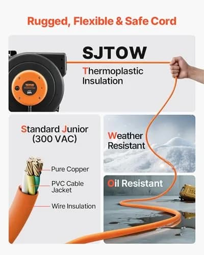 VEVOR 30FT Retractable Extension Cord Reel 9.14m (30ft) | Heavy Duty 16AWG SJTOW Cord with 10A Circuit Breaker thumbnail 4