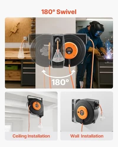 VEVOR 30FT Retractable Extension Cord Reel 9.14m (30ft) | Heavy Duty 16AWG SJTOW Cord with 10A Circuit Breaker thumbnail 8