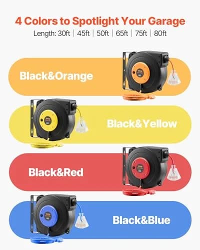 VEVOR 30FT Retractable Extension Cord Reel 9.14m (30ft) | Heavy Duty 16AWG SJTOW Cord with 10A Circuit Breaker thumbnail 9