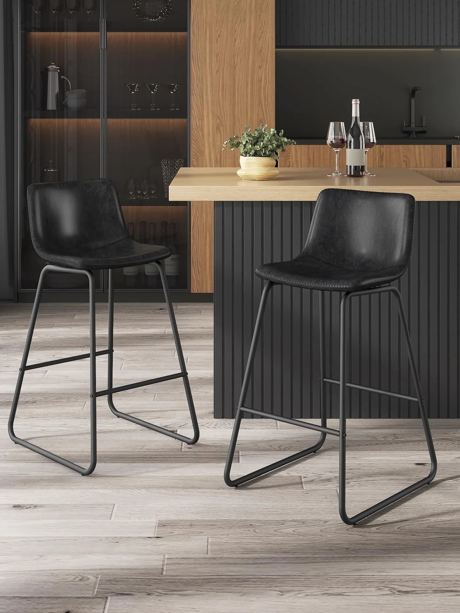 Aowos 26in Counter Height Bar Stools Set of 2 | Faux Leather & Metal Legs, Modern Design, Supports 300 lbs
