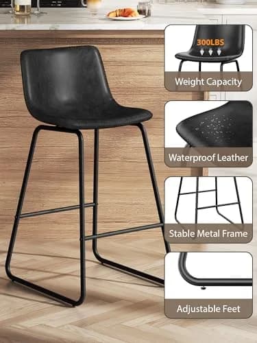 Aowos 26in Counter Height Bar Stools Set of 2 | Faux Leather & Metal Legs, Modern Design, Supports 300 lbs thumbnail 4