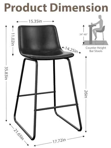 Aowos 26in Counter Height Bar Stools Set of 2 | Faux Leather & Metal Legs, Modern Design, Supports 300 lbs thumbnail 5