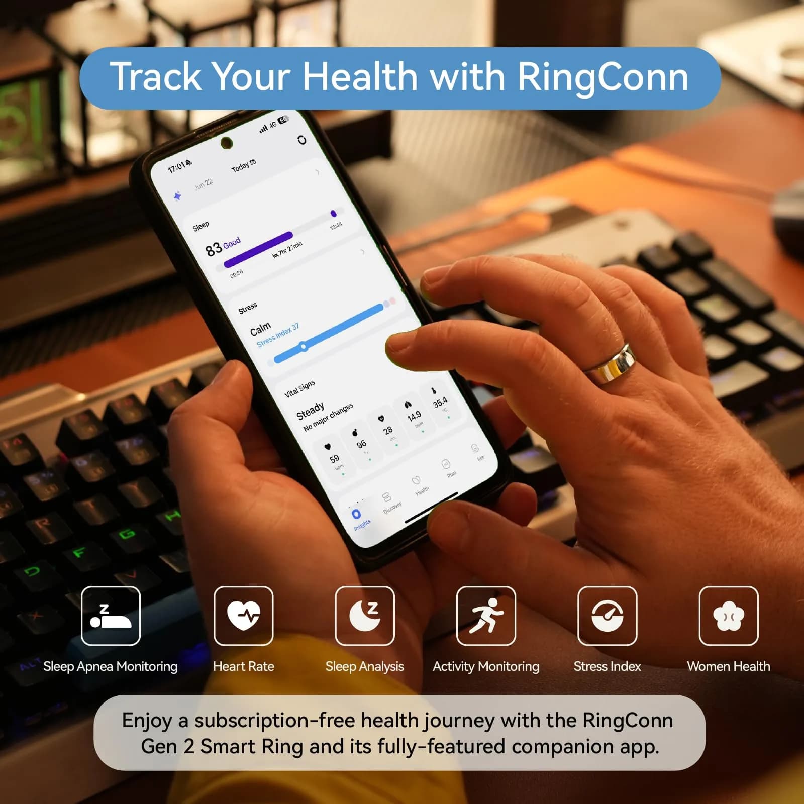 RingConn Gen 2 Smart Ring Black Size 14 | Sleep Apnea Monitoring with 12-Day Battery - view 3