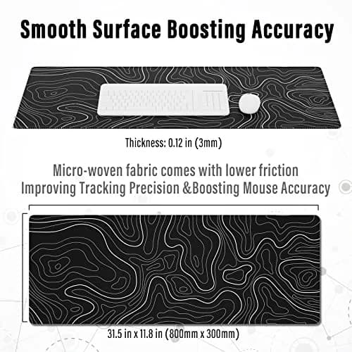 Ovenbird Large Gaming Mouse Pad with Stitched Edges, Topographic Map Topo Mousepad Gaming, Extended XL Large Mousepad with Anti-Slip Base, Cool Mouse Pads for Desk, 80 cm x 30 cm (31.5 x 11.8 in), Black thumbnail 3