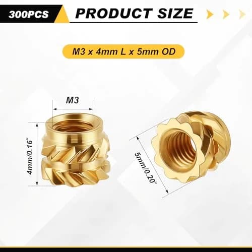 Yaocom M3 Threaded Inserts 300 pcs | Brass Heat Set, Gold, 4mm Length, Heat & Ultrasonic Install thumbnail 2