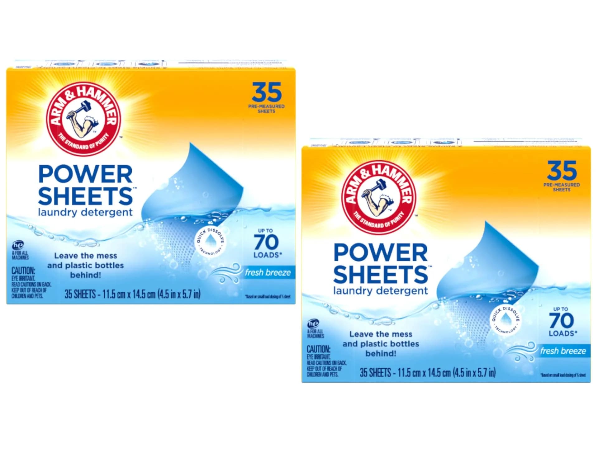 Arm & Hammer Laundry Detergent Power Sheets Fresh Breeze, 70 Loads (35 Sheets x 2 Packs) | Eco-Friendly & HE Compatible