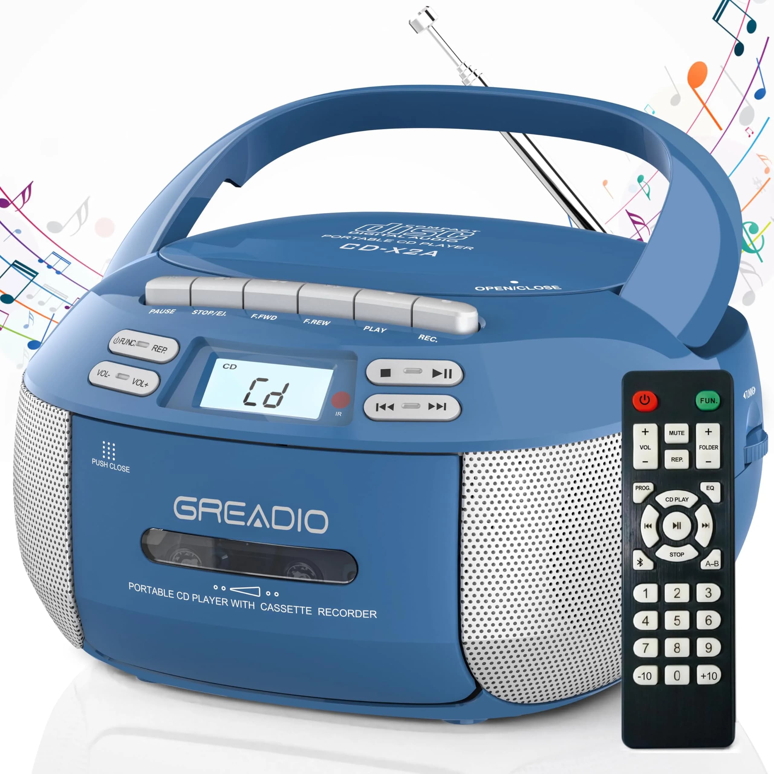 Greadio Boombox CD and Cassette Player Combo with Bluetooth, AM/FM Radio, USB, AUX, 15W Stereo Speakers, Blue | Relive Music Nostalgia with Modern Tech — Blue