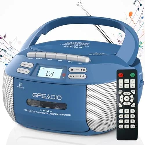 Greadio Boombox CD and Cassette Player Combo with Bluetooth, AM/FM Radio, USB, AUX, 15W Stereo Speakers, Blue | Relive Music Nostalgia with Modern Tech thumbnail 1