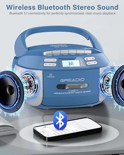 Greadio Boombox CD and Cassette Player Combo with Bluetooth, AM/FM Radio, USB, AUX, 15W Stereo Speakers, Blue | Relive Music Nostalgia with Modern Tech thumbnail 5