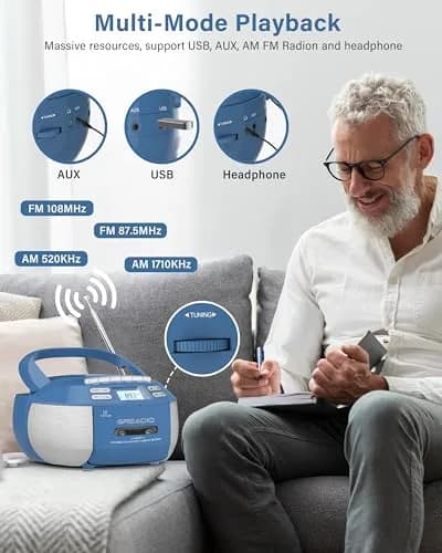 Greadio Boombox CD and Cassette Player Combo with Bluetooth, AM/FM Radio, USB, AUX, 15W Stereo Speakers, Blue | Relive Music Nostalgia with Modern Tech thumbnail 6