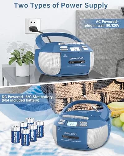 Greadio Boombox CD and Cassette Player Combo with Bluetooth, AM/FM Radio, USB, AUX, 15W Stereo Speakers, Blue | Relive Music Nostalgia with Modern Tech thumbnail 7