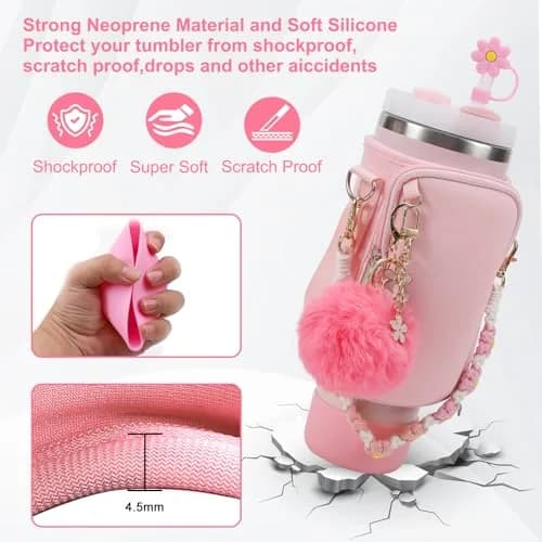 3tyto Pink 40oz Stanley Cup Accessories Set with Carrier Bag, Strap, Boot, Straw Cover, Charms | Bohemian Style thumbnail 4