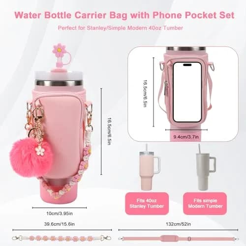 3tyto Pink 40oz Stanley Cup Accessories Set with Carrier Bag, Strap, Boot, Straw Cover, Charms | Bohemian Style thumbnail 2