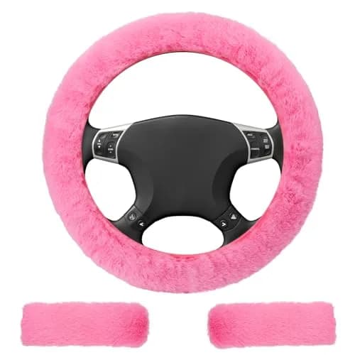 BFXM Fluffy Steering Wheel Cover Set with Seat Belt Pads, 15 inch Pink Faux Fur | Universal Fit for Cars SUVs Trucks thumbnail 1