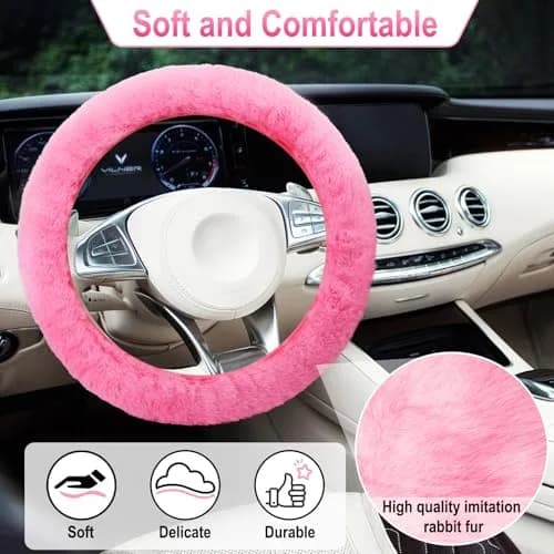 BFXM Fluffy Steering Wheel Cover Set with Seat Belt Pads, 15 inch Pink Faux Fur | Universal Fit for Cars SUVs Trucks thumbnail 5