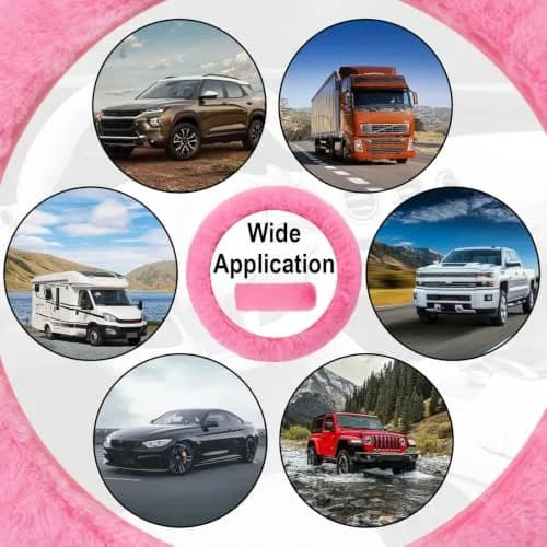 BFXM Fluffy Steering Wheel Cover Set with Seat Belt Pads, 15 inch Pink Faux Fur | Universal Fit for Cars SUVs Trucks thumbnail 7