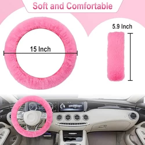BFXM Fluffy Steering Wheel Cover Set with Seat Belt Pads, 15 inch Pink Faux Fur | Universal Fit for Cars SUVs Trucks thumbnail 2