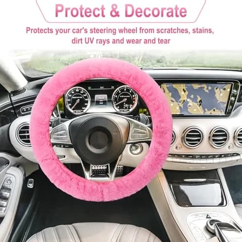 BFXM Fluffy Steering Wheel Cover Set with Seat Belt Pads, 15 inch Pink Faux Fur | Universal Fit for Cars SUVs Trucks thumbnail 3