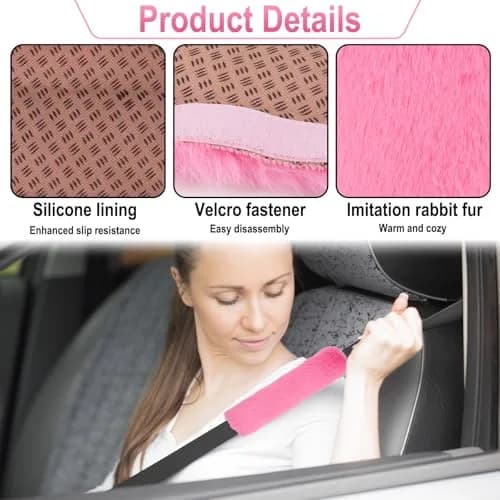 BFXM Fluffy Steering Wheel Cover Set with Seat Belt Pads, 15 inch Pink Faux Fur | Universal Fit for Cars SUVs Trucks thumbnail 4