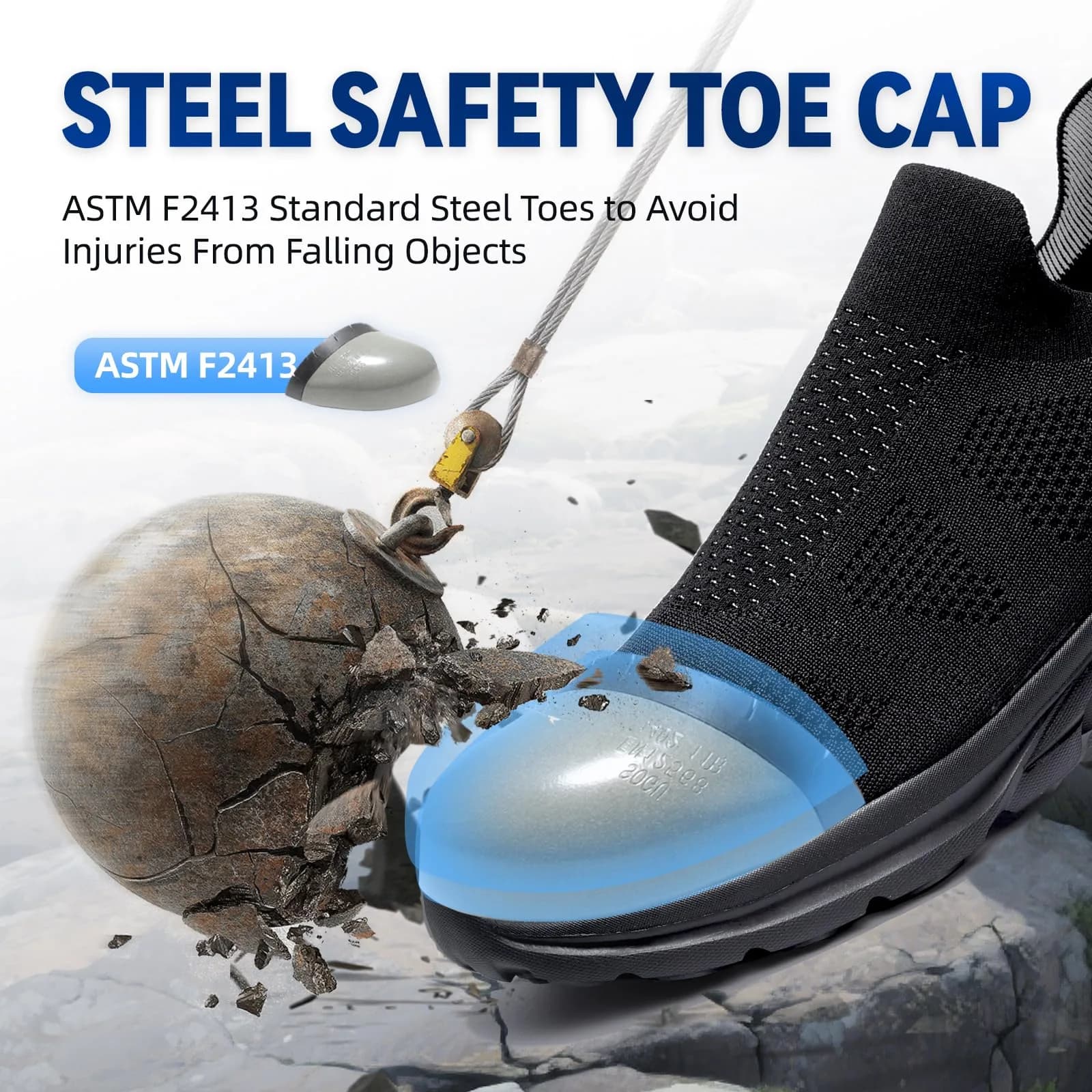 Furuian Slip On Steel Toe Safety Shoes for Men Lightweight Breathable Steel Toe Work Sneakers Comfortable Non Slip Safety Work Tennis Shoes for Men Black | Impact-Resistant Construction Footwear thumbnail 2