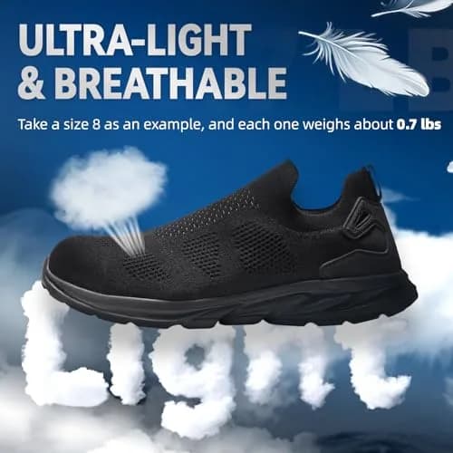 Furuian Slip On Steel Toe Safety Shoes for Men Lightweight Breathable Steel Toe Work Sneakers Comfortable Non Slip Safety Work Tennis Shoes for Men Black | Impact & Comfort thumbnail 4