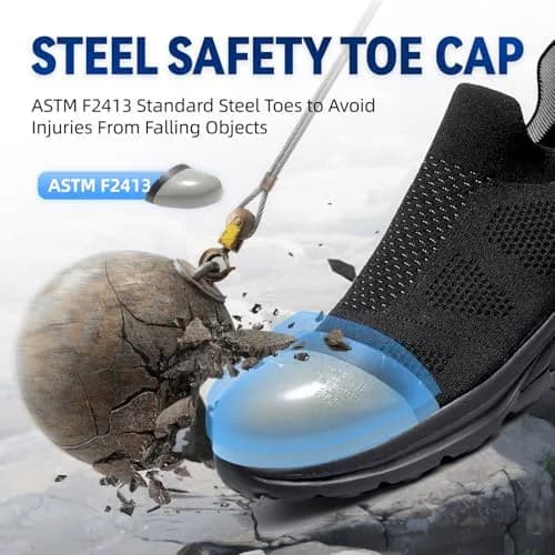 Furuian Slip On Steel Toe Safety Shoes for Men Lightweight Breathable Steel Toe Work Sneakers Comfortable Non Slip Safety Work Tennis Shoes for Men Black | Impact & Comfort thumbnail 2