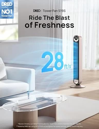 DREO 42 Inch Smart Tower Fan with 90° Oscillation, Silent DC Motor, Voice & App Control, Sleep Mode for Bedroom & Living Room thumbnail 2