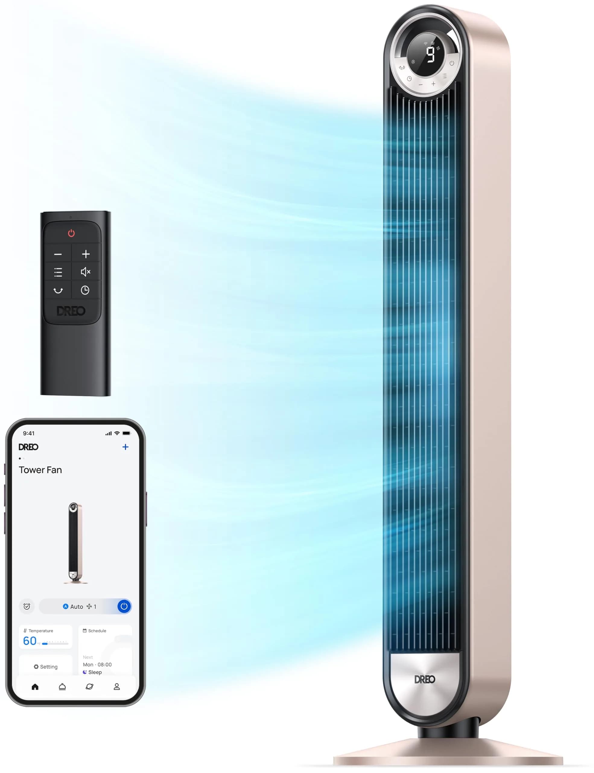 DREO 42 Inch Smart Tower Fan with 90° Oscillation, Silent DC Motor, Voice & App Control, Sleep Mode for Bedroom & Living Room - main product image