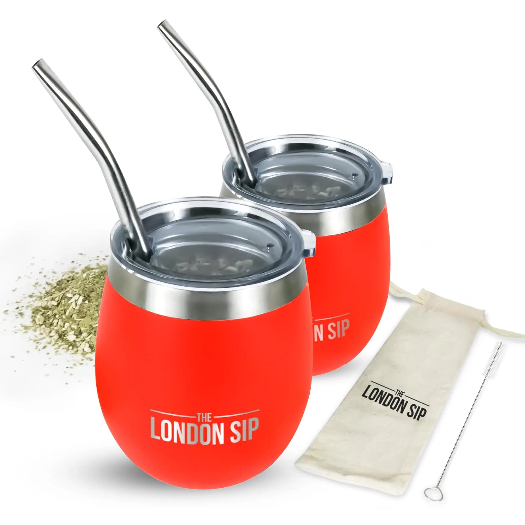 The London Sip Yerba Mate Cup and Bombilla Set, 8 oz, Stainless Steel, Modern Design, Orange