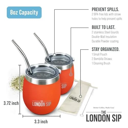 The London Sip Yerba Mate Cup and Bombilla Set, 8 oz, Stainless Steel, Modern Design, Orange thumbnail 2