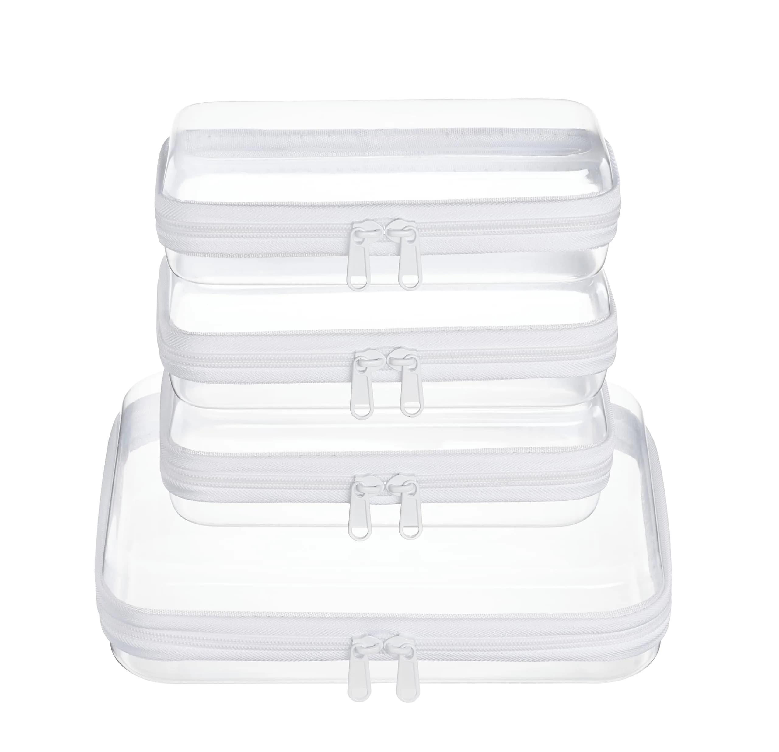 WELPIRT Clear Zipper Pouches, Hard Shell Zipper Case (M+3S) | Waterproof, Stackable, Transparent Organizer — White