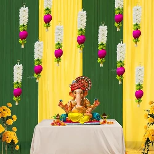 Divyakosh Lotus Hanging Gajra Set of 8 | Small 10 Inch Off-White Fabric Floral Wall Hangings | Temple & Pooja Room Decoration Items thumbnail 1