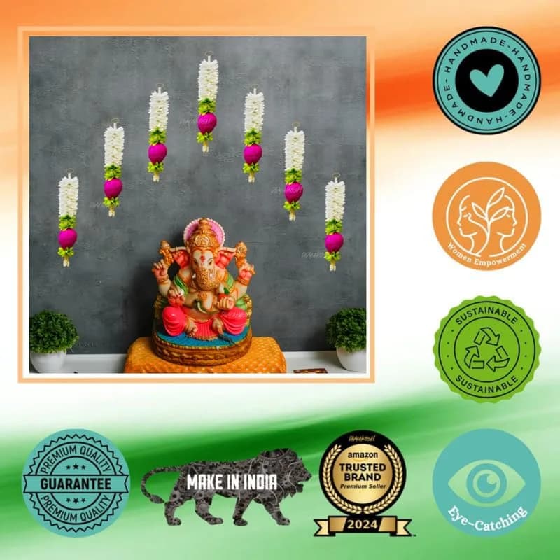 Divyakosh Lotus Hanging Gajra Set of 8 | Small 10 Inch Off-White Fabric Floral Wall Hangings | Temple & Pooja Room Decoration Items thumbnail 8