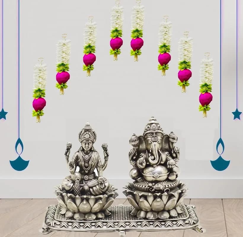 Divyakosh Lotus Hanging Gajra Set of 8 | Small 10 Inch Off-White Fabric Floral Wall Hangings | Temple & Pooja Room Decoration Items thumbnail 10