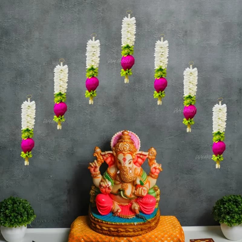 Divyakosh Lotus Hanging Gajra Set of 8 | Small 10 Inch Off-White Fabric Floral Wall Hangings | Temple & Pooja Room Decoration Items thumbnail 6